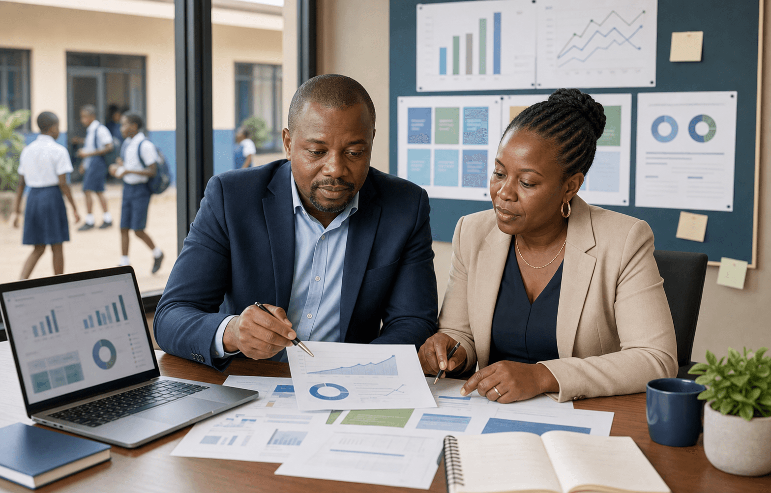 Dirigeants d'école privée analysant des indicateurs de croissance et d'inscription